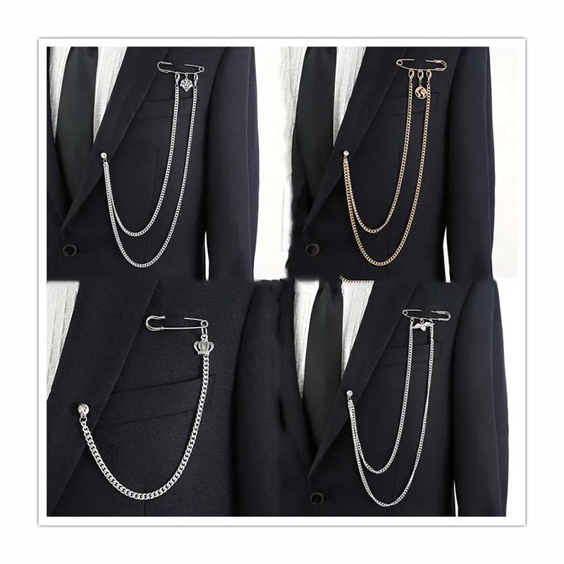 retro fashion simple designer long chain safety pins exaggerated mens suit accessories gems lapel pin brooches for blazer tuxedo