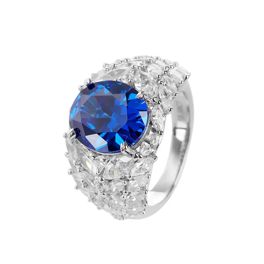 sapphire zircon blue crystal ring  925 Sterling Silver green color big Ring custom evening party jewelry