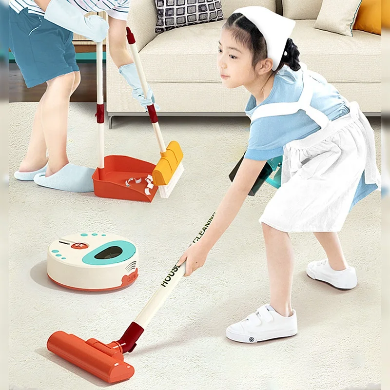 Simulation kids indoor pretend play toy household cleaning sweep tools set electric vacuum cleaner sweeper toy with light music