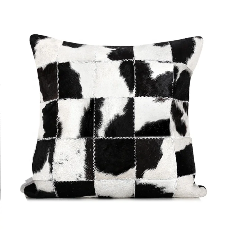 Luxury Cushions Quality Cowhide Patchwork Decor Pillow  Modern Minimalist Black And White Diamond Grain Cowhide Square Pillow