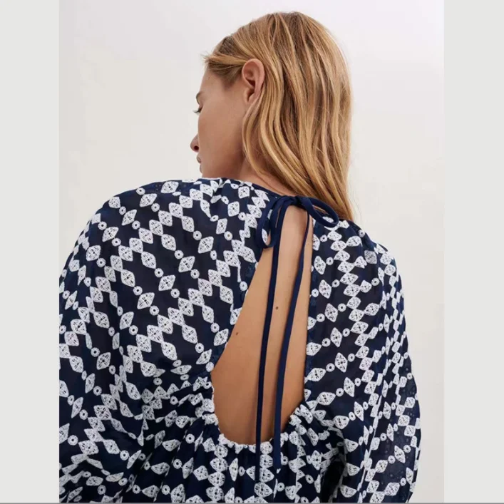 Niche designer dress embroidery 3D ladies backless puff sleeve elegant floral midi luxury dresses women elegant