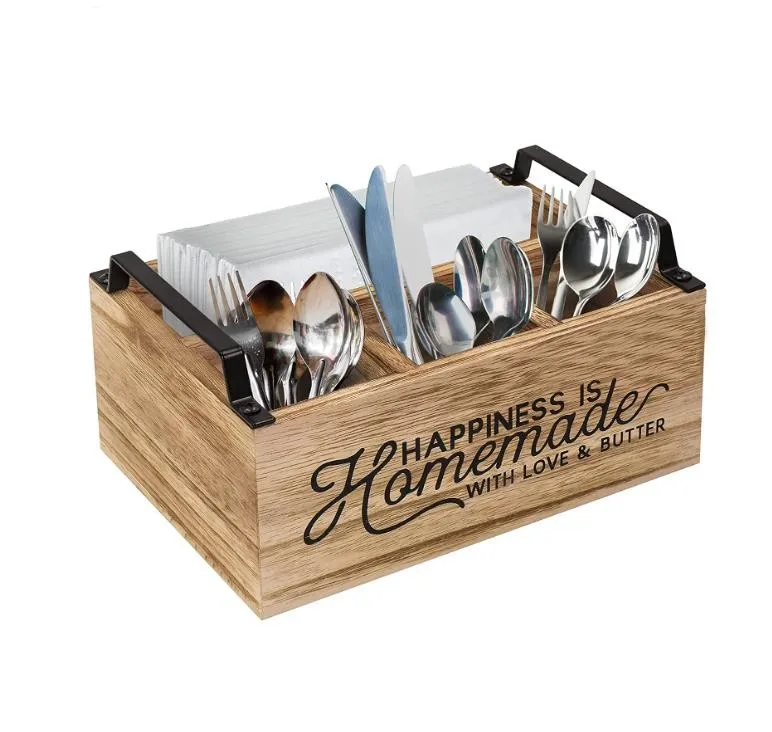 Rustic Kitchen Countertop Wood Utensil Rack Flatware Caddy  Silverware Organizer Utensil Holder