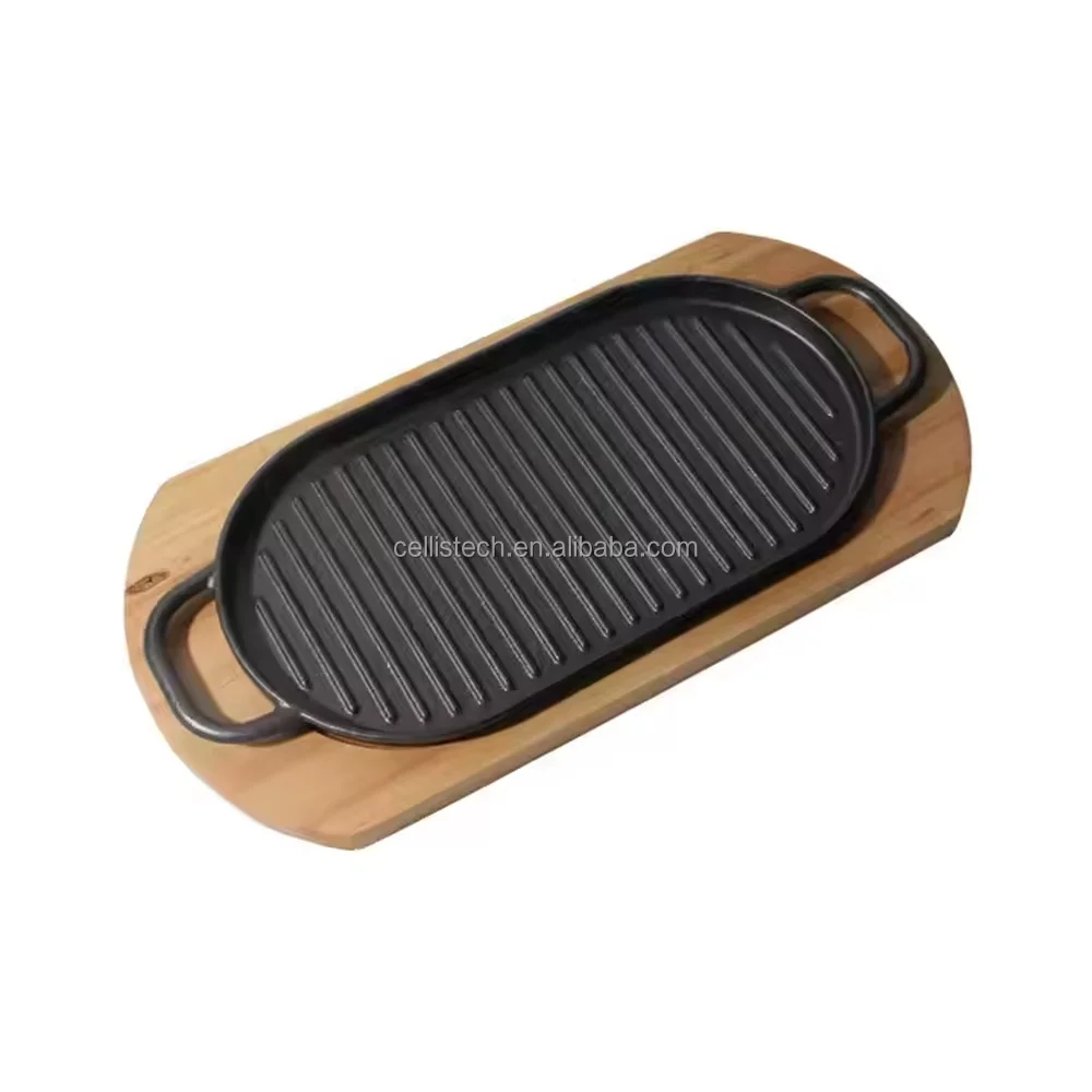Hot Sale Cast Iron Sizzler Plate enamel coating BBQ Hot Grill Pan Griddle Plate Sizzling Beef baking tray with Wooden Tray Base