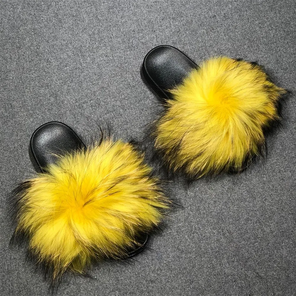 
Drop Shipping Service Promotion Price Real Fox Slippers Raccoon Slide Sandals Custom Fashion Fur Slides For Women 