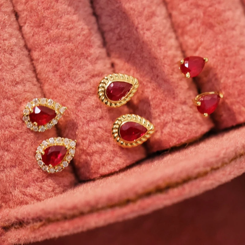 18k Gold Drop Ruby colored jewel earrings for women inlaid with diamonds wrapped in natural pigeon blood earrings