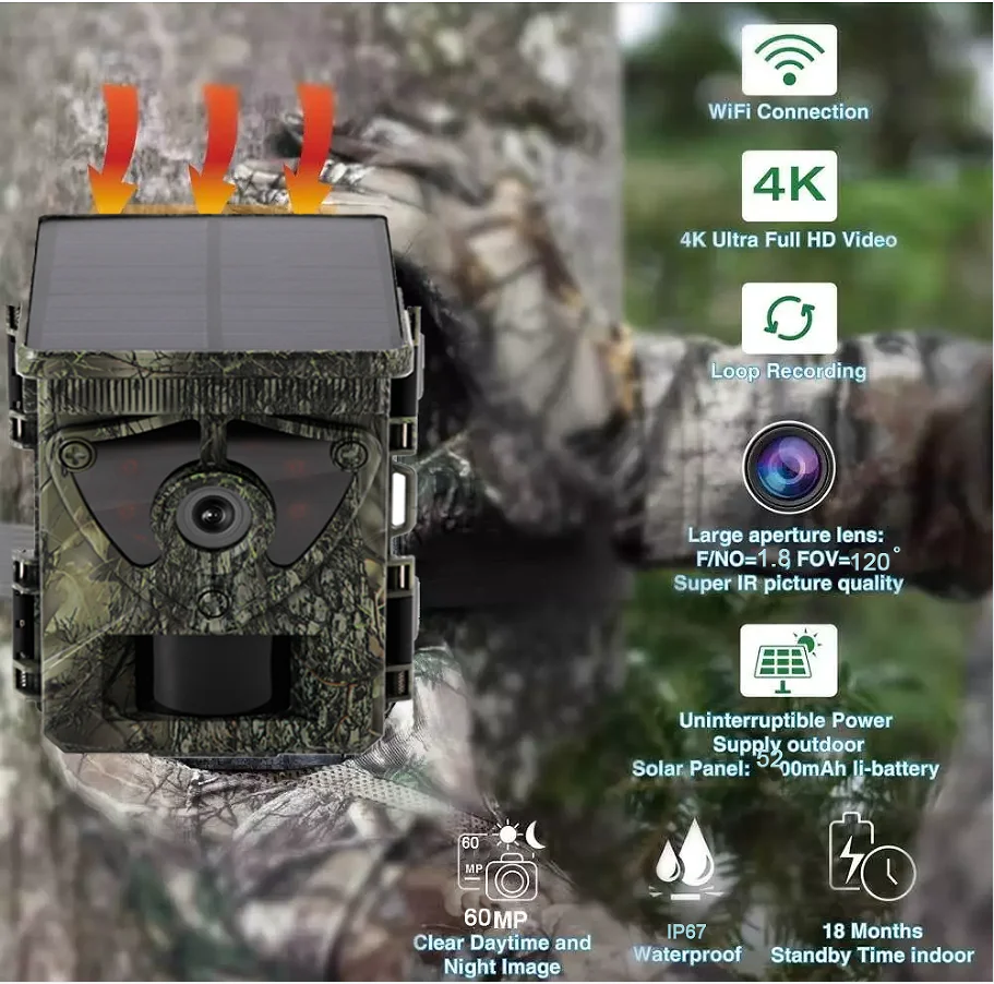 Newly 4K video Integrated solar power supply 8MP CMOS wifi APP control outdoor wildlife wifi trail night vision camera for hunt