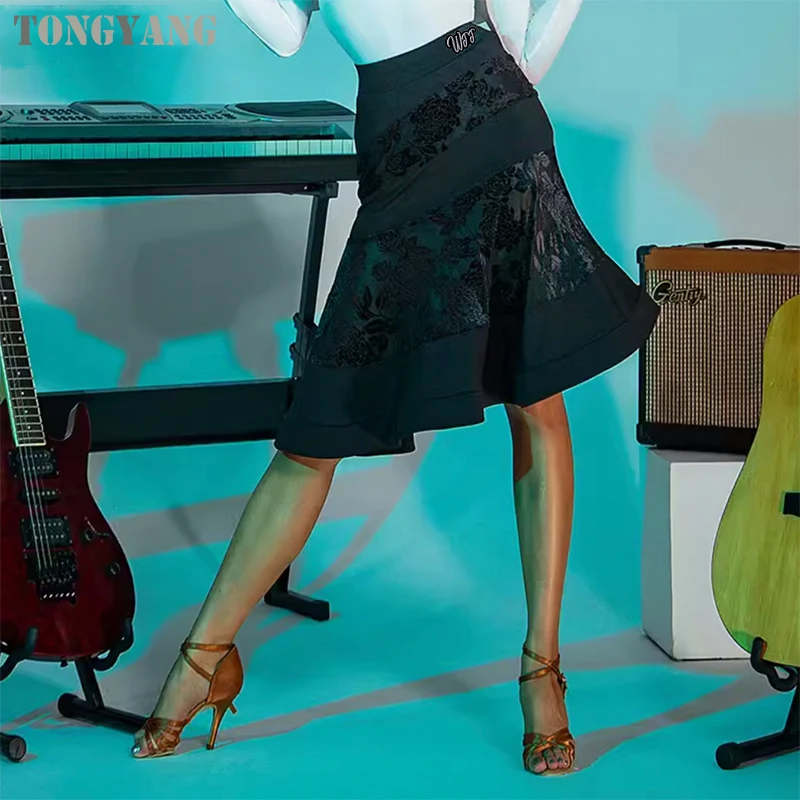 TONGYANG New Black Velvet Fishbone Ballroom Dance Skirt Women Cha Cha Rumba Samba Dancing Practice Clothes Performance Costumes