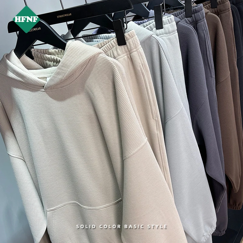 Heavyweight Pullover waffle tracksuit for men blank cotton 2 pieces sweatpants and hoodies set