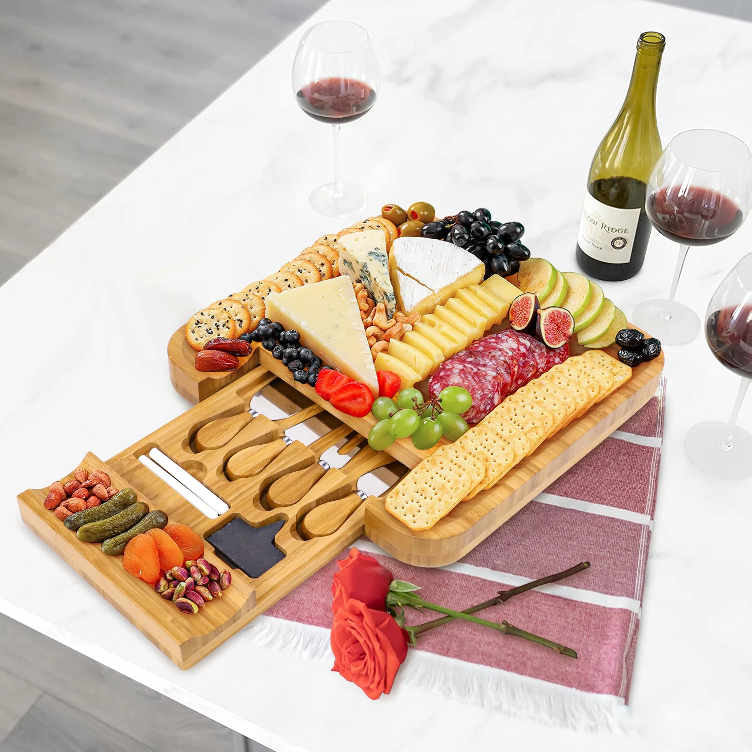 GL Bamboo Charcuterie Board сырное блюдо бамбуковая сырная доска со встроенным набором ножей и съемными