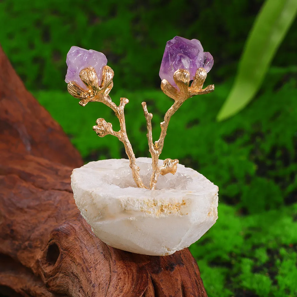 Drusy Quartz Crystal Bowl Cave Cornucopia Amethyst Crystal Potted Plant for Home Decor