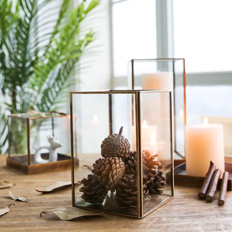 Bixuan Candle Lantern Clear Crystal Glass Bronze Brass Frame Hanging Hurricane Tea Light Holder Square Glass Display Boxes M