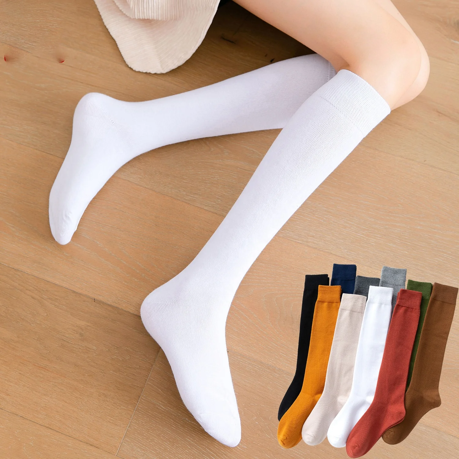 Wholesale Black White Solid School Uniform Calf Socks Women Girl Cozy Cotton Knee Length Socks