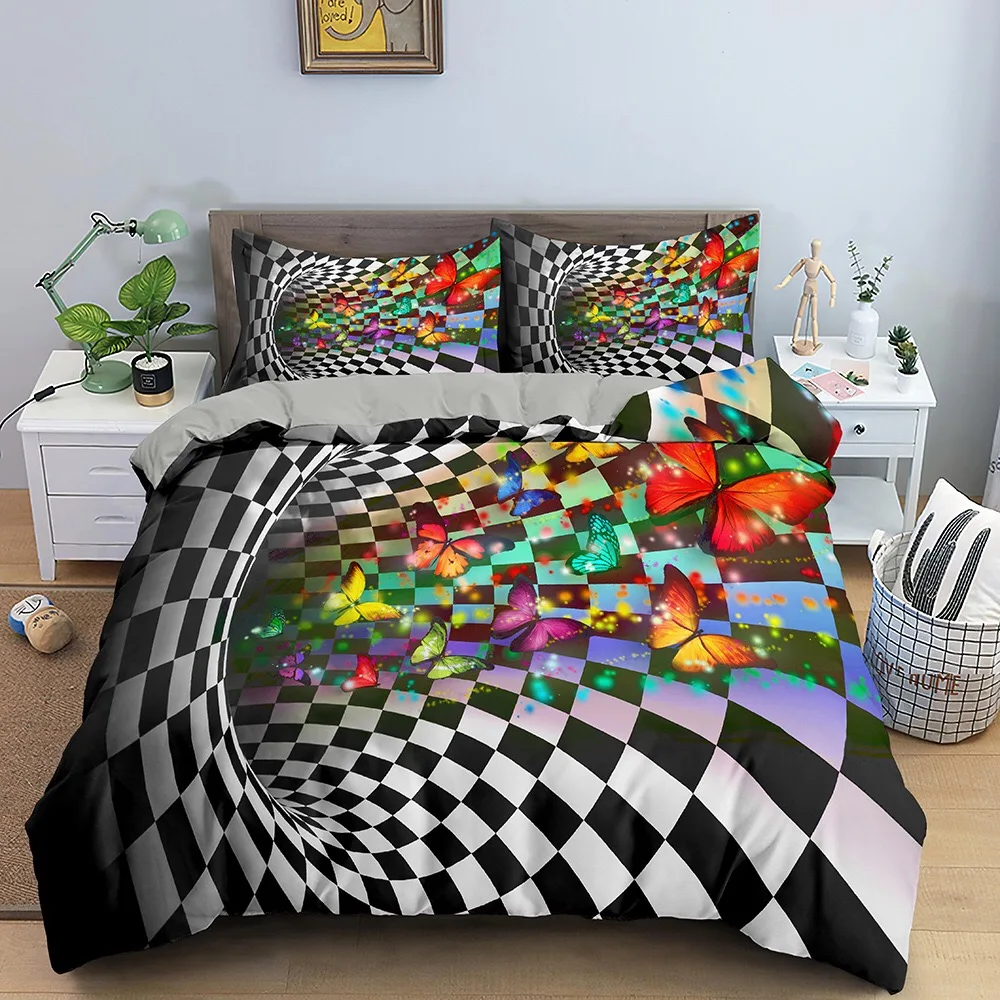 2021 New design 3D pattern digital print Black and white lattice abyss butterfly duvet cover 3pcs bedding set for Bedding Sets