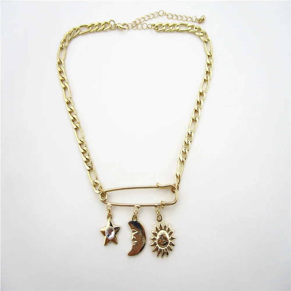 rhinestone necklace with charms of moon star sun necklace