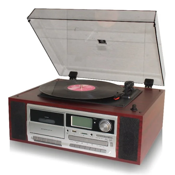Turntable with CD/MP3/Cassette player,  USB/SD recording, BT receiver & Built-in speaker