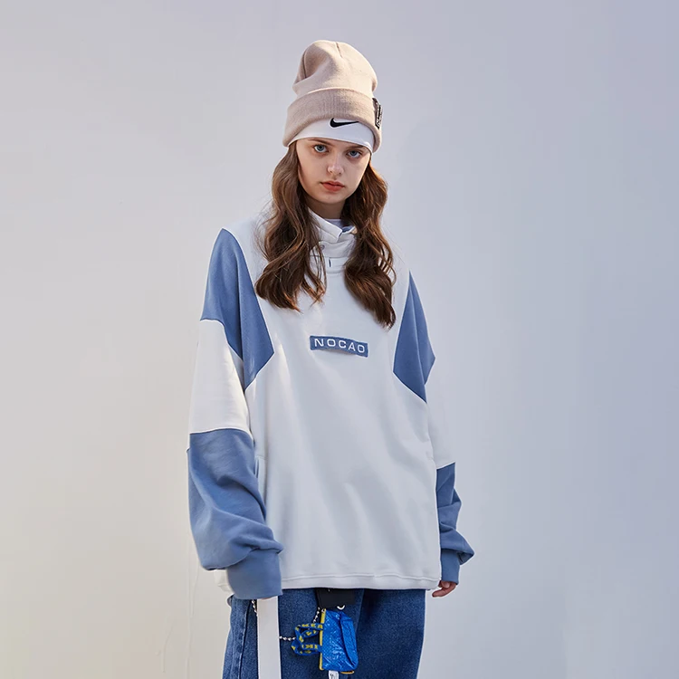 Nocao Korean street style casual fashion loose stand collar contrast color long sleeve pullover sweatshirt for men and women