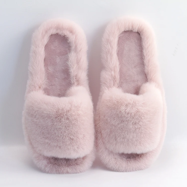 Custom Women Fashion One Strap Furry Imitated Rabbit Fur Fluffy Fashion Fur Slippers for Women