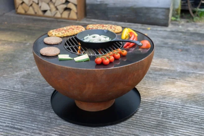 corten steel fire bowl with grill ring and cooking grill fire bowl  savage feuerschale feuerstelle brasero with plancha grill