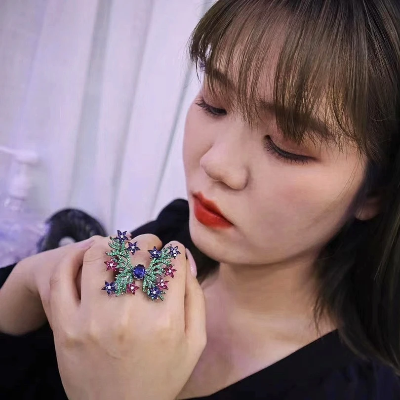 Beautiful 925 Sterling Silver Zircon Jewelry Rings Black Gold Plated Flower Butterfly Open Ring Brooch