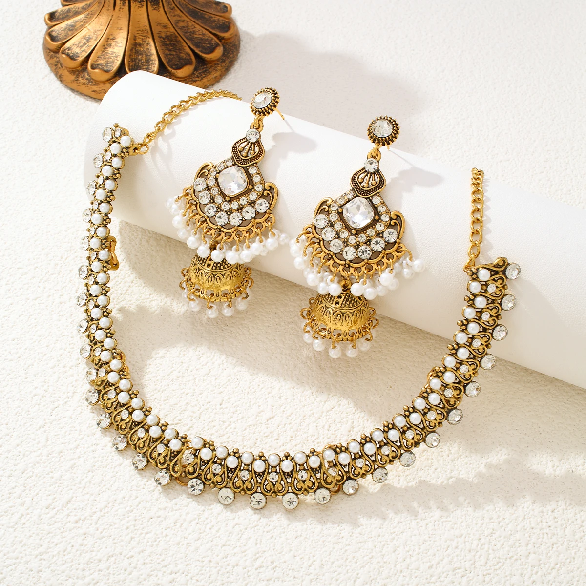 CDD Indian Bronze Gold Women Bohemian Beads Crystal Pendant Necklace Earrings Ethnic Wedding Jewelry Set