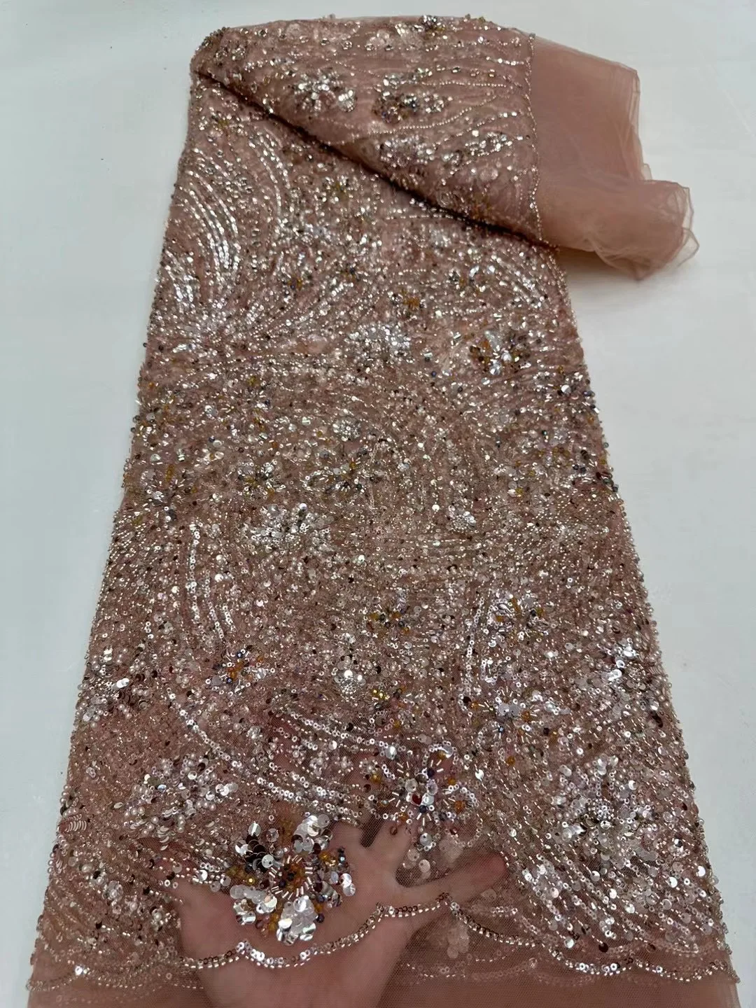 NI.AI New Design Sequin Beaded Lace Wedding Stripe Net Lace Fabric Luxury Embroidered Pearls Sequins Lace Fabric