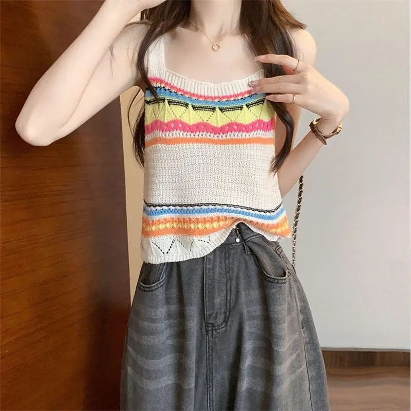 Cheap wholesale Summer Bohemia Rainbow striped knitted suspender vest women sweet cool hollow chic sleeveless top