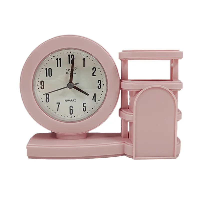 custom cheap table clock with pen holder battery alarm clock