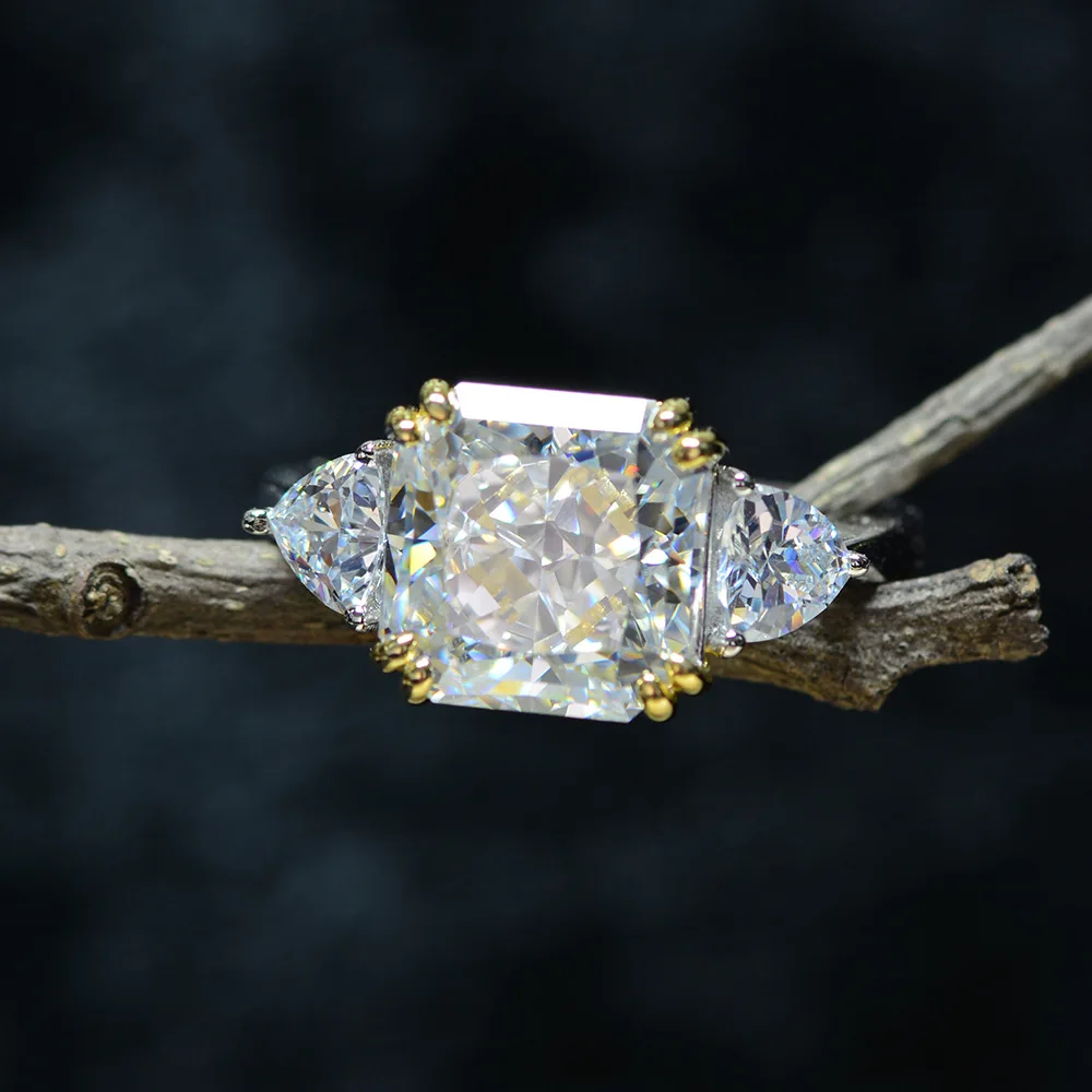 
2020 New Style 10*10mm Yellow Big Lab Diamond 925 Sterling Ring Wedding Ring Cushion Shape Women Engagement Ring 