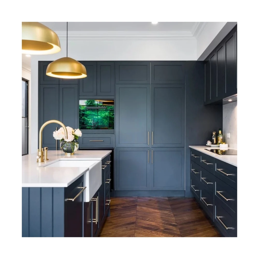 Hot selling classic design shaker blue custom island kitchen cabinets ready to assemble brass handles