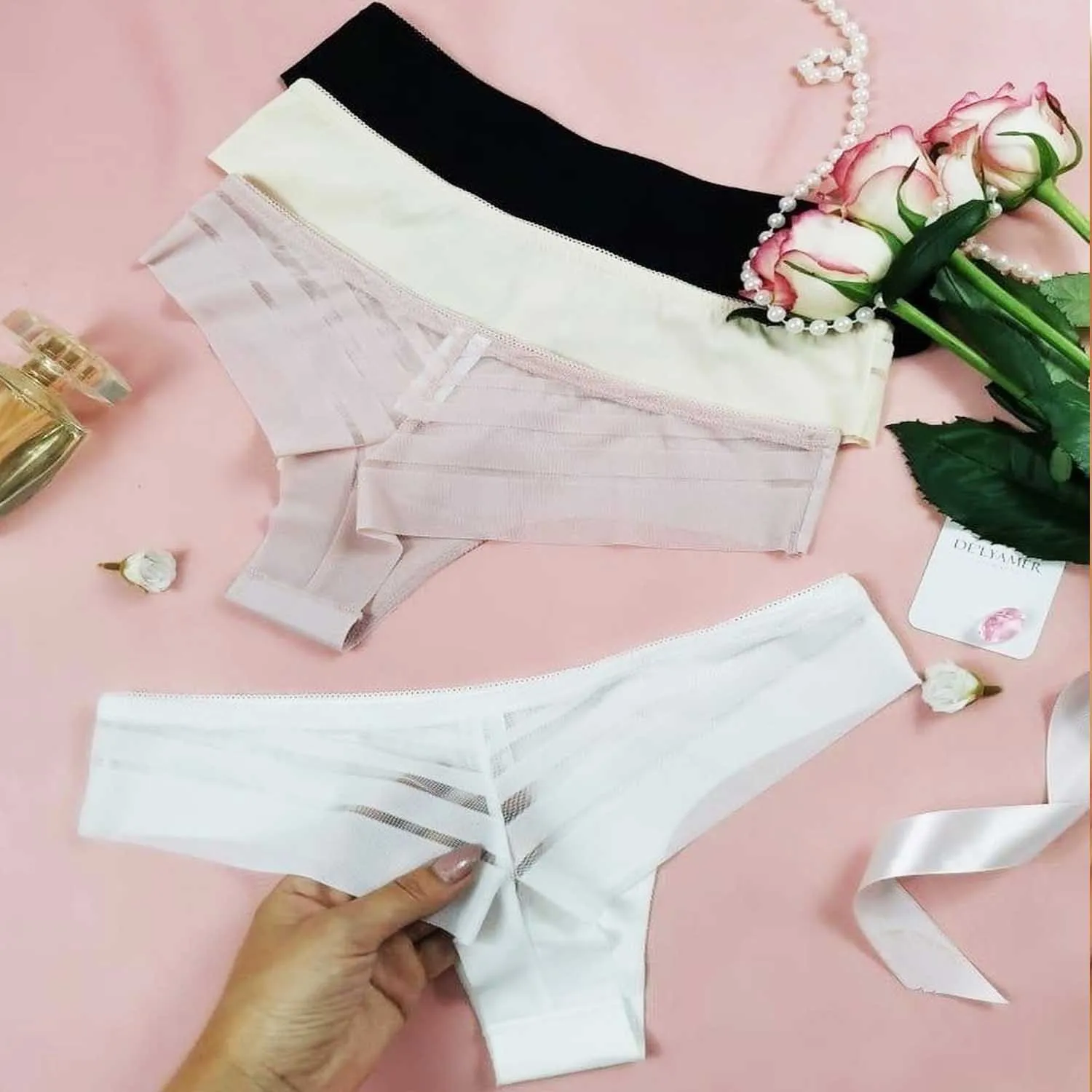 Wholesale Customize Women Sexy Transparent Thongs With Mesh Strips Brazilian Thongs Panties