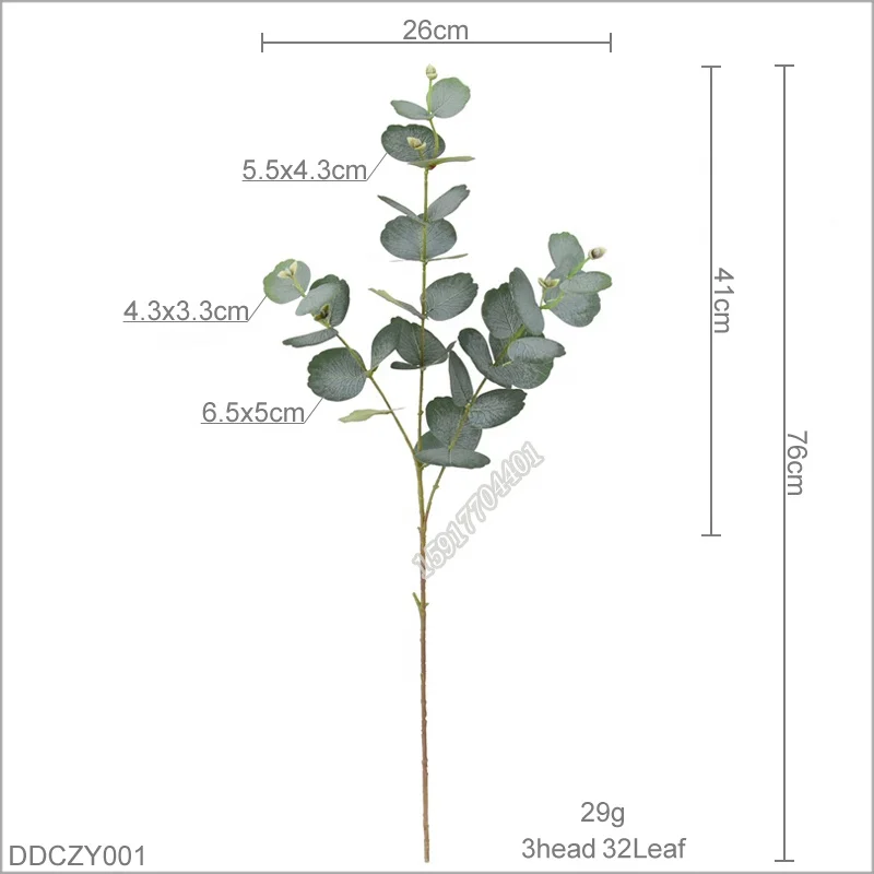 High quality Realistic 3 head decoration leaves Artificial eucalyptus plant for decor