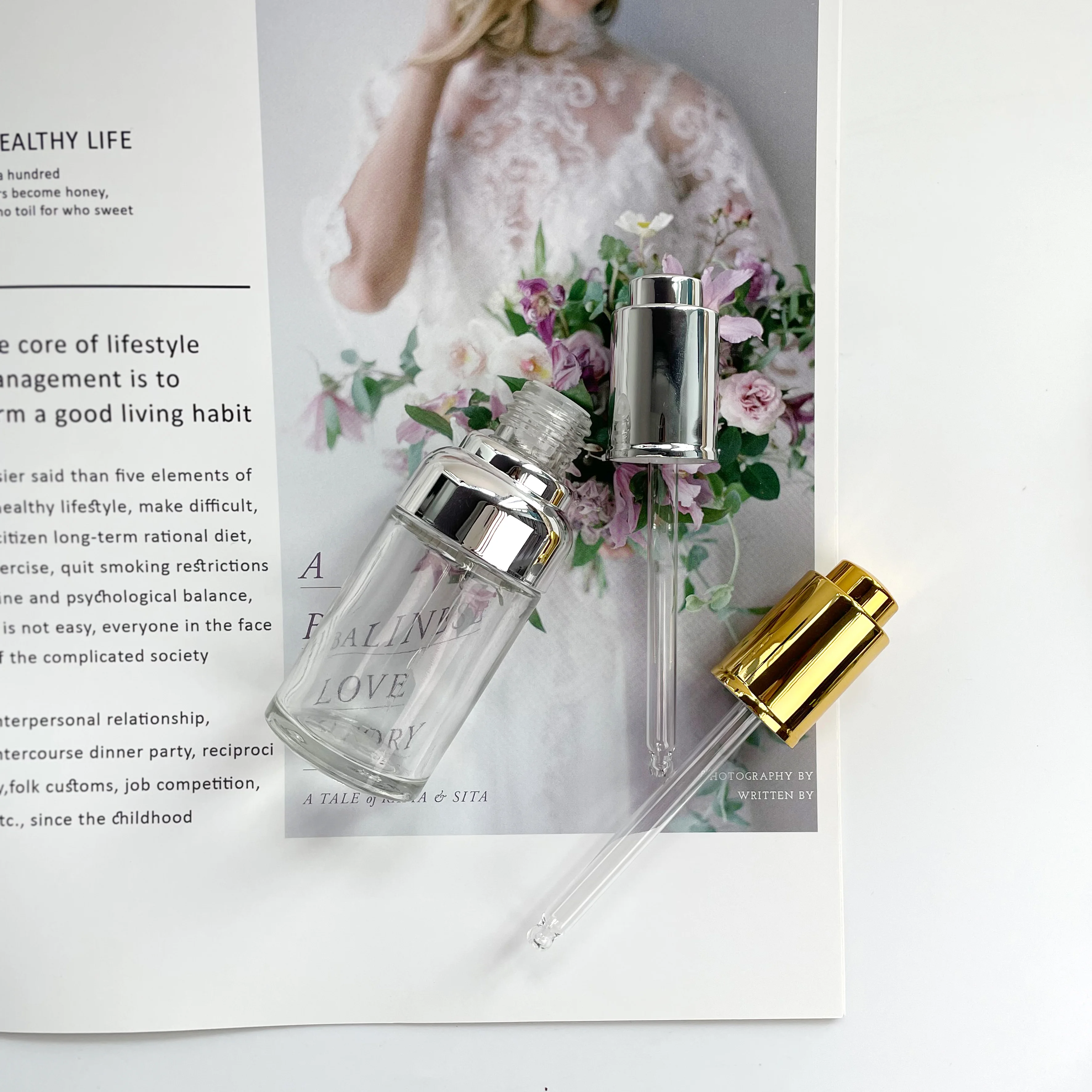 Luxury Push Button Top Glass Dropper Bottle 30Ml 50Ml 100Ml Essential Oil Serum Bottle with Dropper