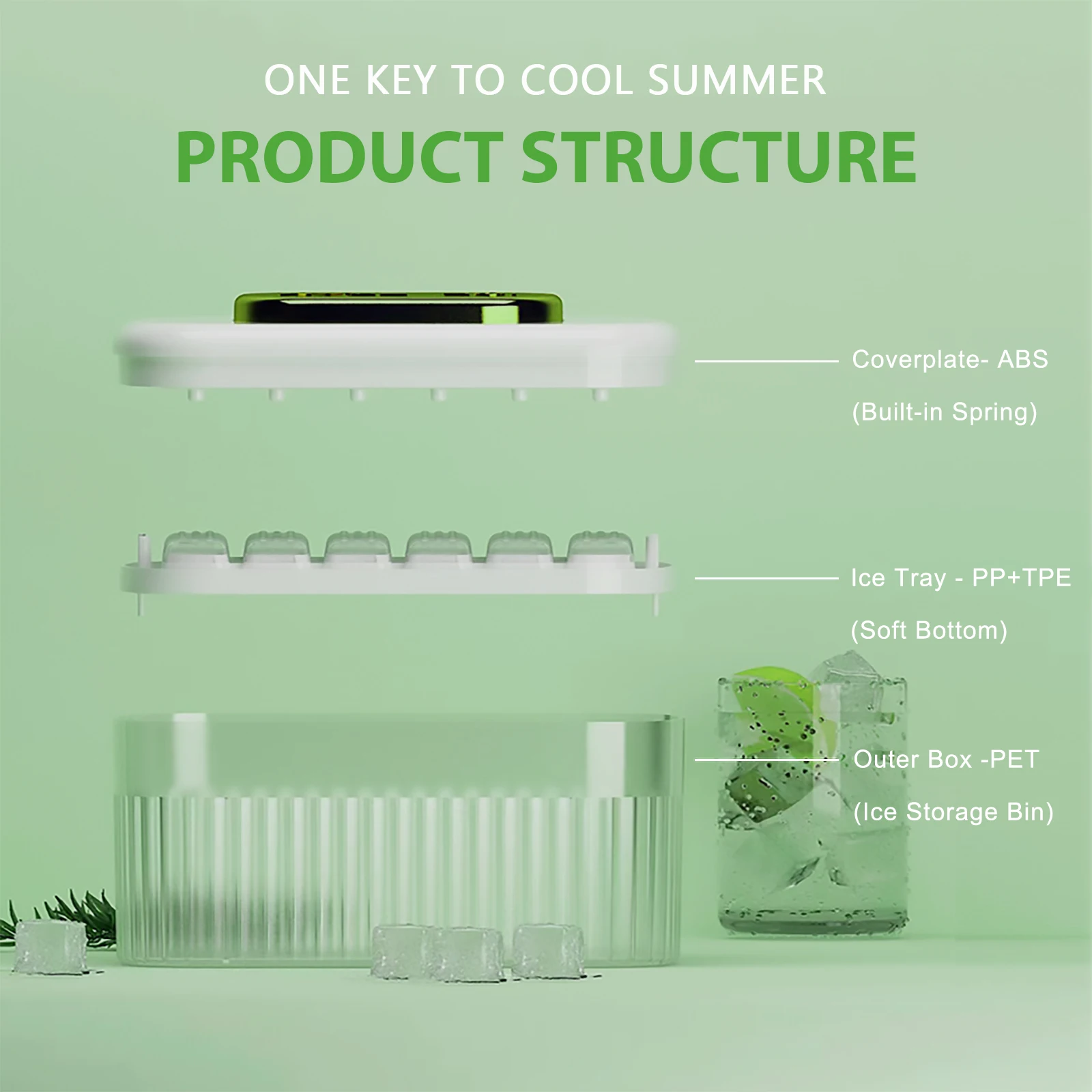 Silicone Ice Cube Tray for Freezer with Lid and Bin 24 Nugget Ice Tray Box Storage Container with Cover Scoop Stackable