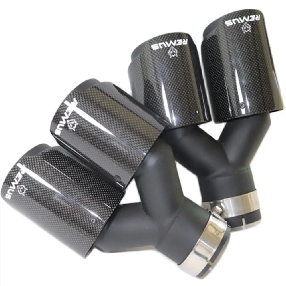 2PCS Remus Logo Dual Matt Carbon Fiber Exhaust Tip 304 Stainless Steel Exhaust Pipe Straight Flange Muffler Tip For Volvo BMW