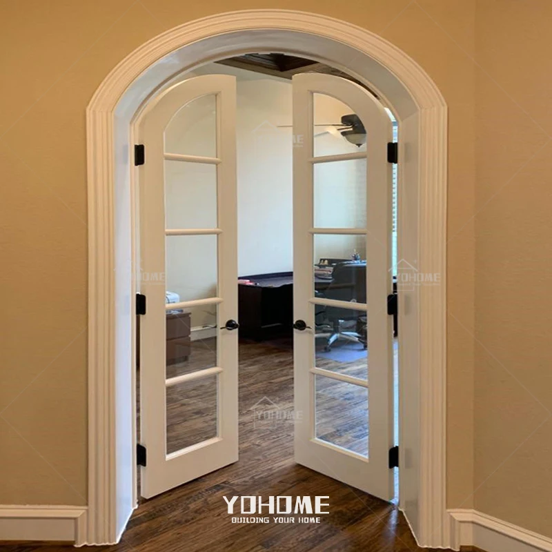 China top manufacturer custom arched french door for bedroom double interior wooden arched doors with clear glass