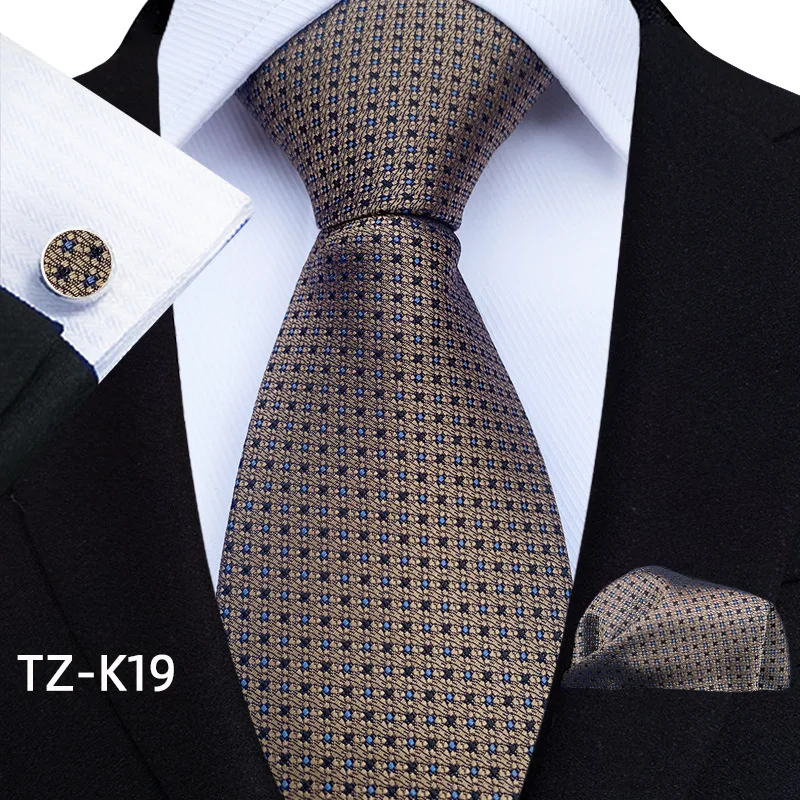 Fashion Men Business Brown Blue Yellow Tie Set  Tie And Cufflink Gift Set Silk Necktie With Handkerchief For Men Wedding