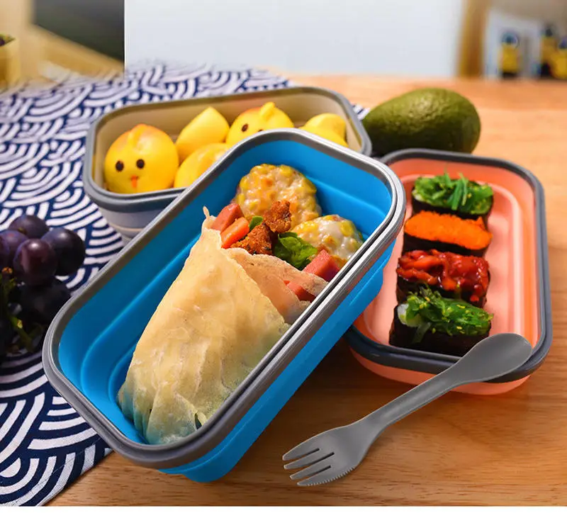 Compartment Food Grade Silicone Collapsible Food Retractable Container Folding Bento Silicone Lunch Box with Fork