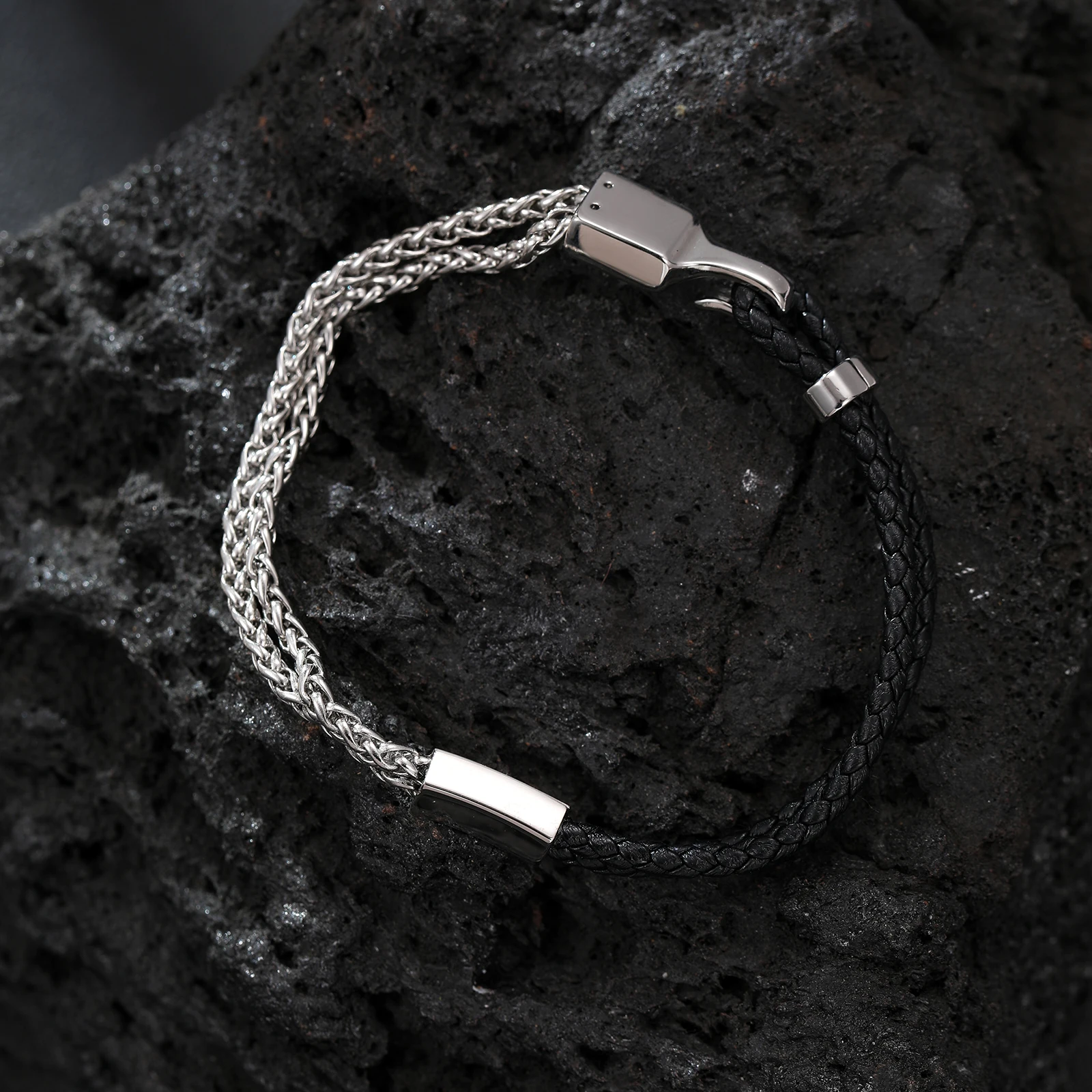 White & Black Leather Cord Bracelet Multiple Layers Cord Bracelet Stainless Steel Clasp Customized Bracelet