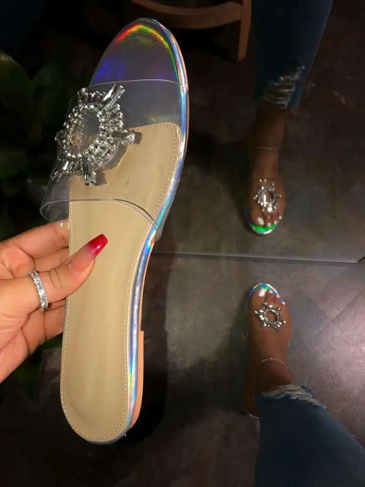 Оптовая продажа, популярная женская обувь, сандалии на плоской подошве со стразами, Тапочки