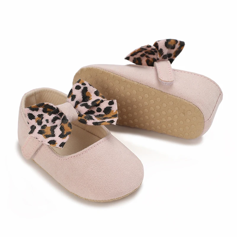 Autumn new fashion white and trendy solid color design leopard print bow girls 0-1 years old flat shoes