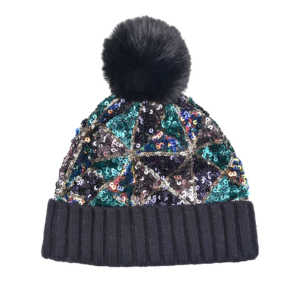 Wholesale new sequined woolen hat autumn winter sequined warm removable wool ball knitted hat for women pompom