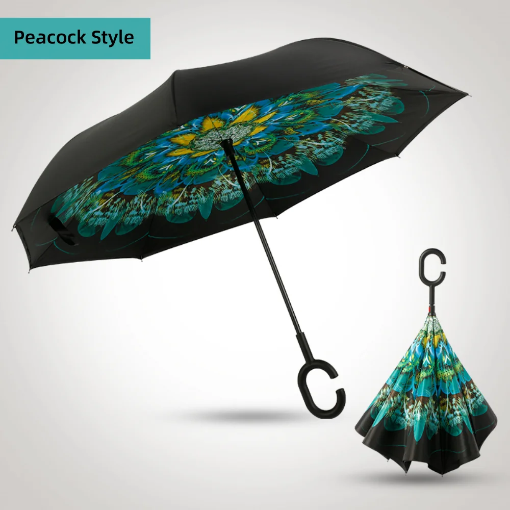 Wind Resistant Hands Free Inverse Inside Out C Handle Smart Reverse Upside-down Double Layer Inverted Umbrella