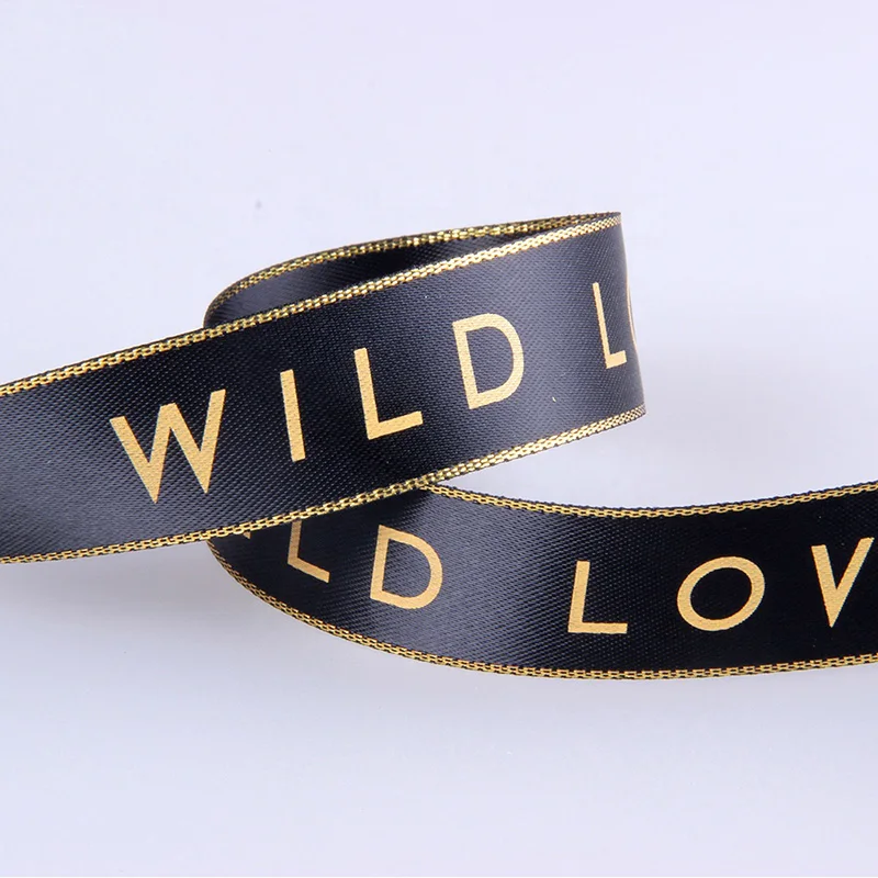 1 inch Double gold rim satin ribbon Custom logo with print gold color logo