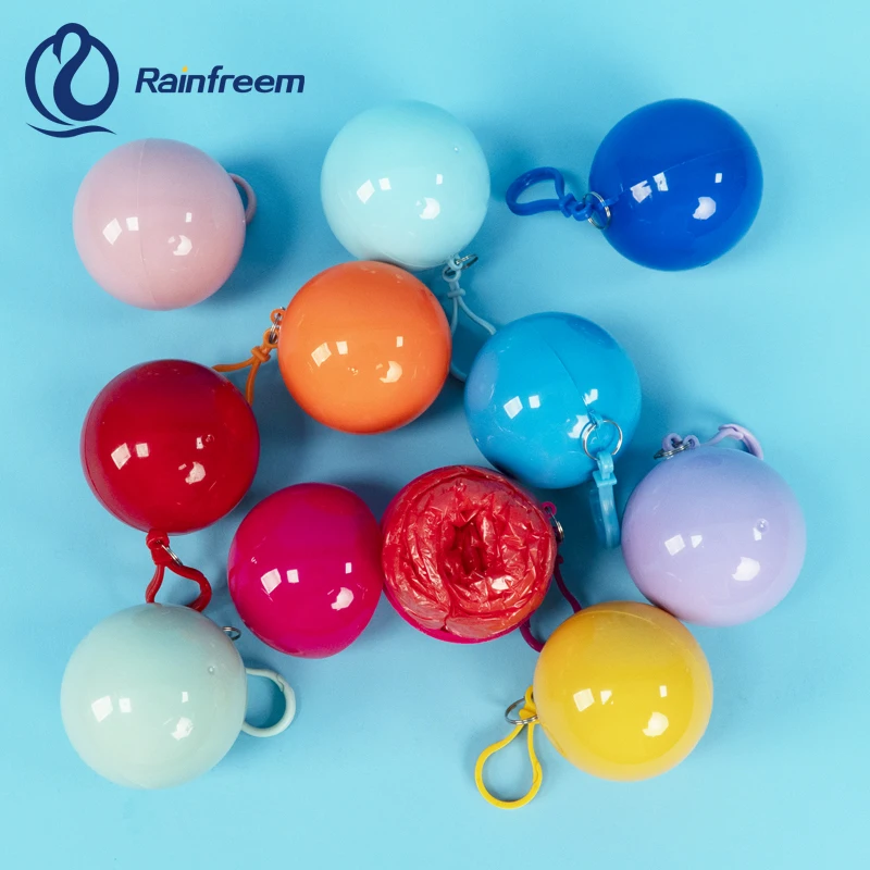 Logo Custom Portable Disposable Waterproof Compression Poncho Raincoat in Keychain Printed Pocket Balls for Adults Kids