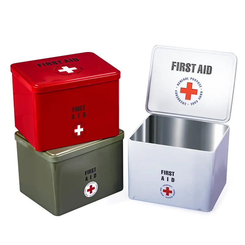 Guangzhou Factory Metal Packaging For Medical Kit Red Army-Green Rectangular Tin Case Square Storage Tin Box For First Aid Kit