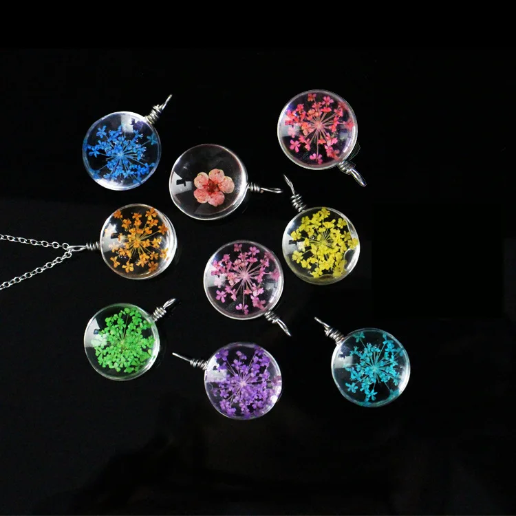 Gypsophila Glass Dried Flower Pendant Natural Plant Specimen Double-sided Transparent Glass Necklace for Women