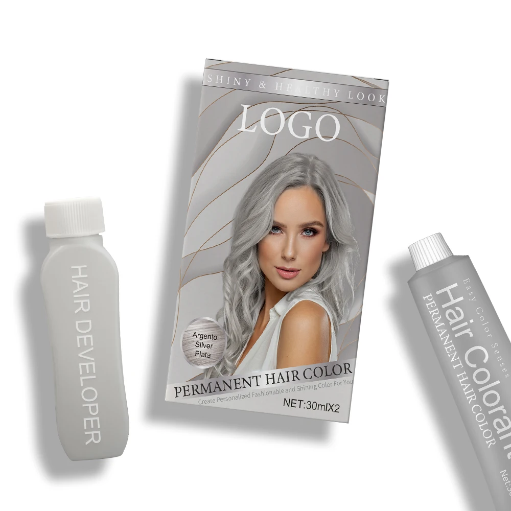 Бытовая краска для волос, набор для потребителей, серый натуральный ингредиент, блестящий Перманентный цветной крем