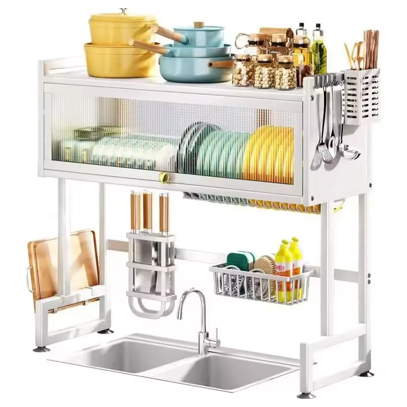 2-Tier over Sink Dish Drying Rack with Dust-Proof Cabinet Doors Large Storage Kitchen Metal Dish Drainer Rack for Sundries