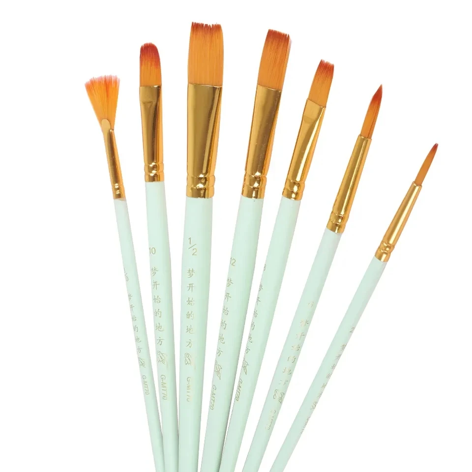 Haihui hot sale high quality 7 wooden handle artist brush set wholesale light pink acrylic paintbrush