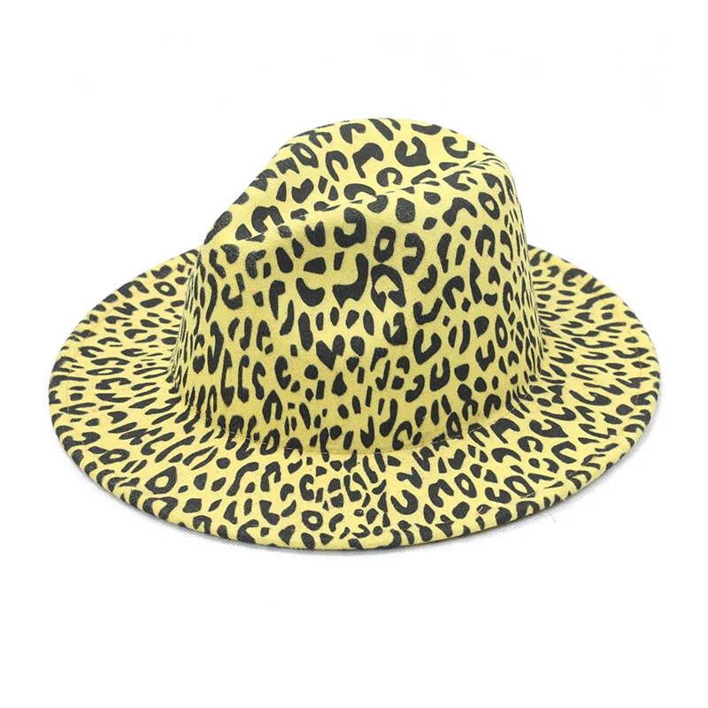 Wholesale Faux Ladies Woolen Fedora Hats Autumn Winter Felt Hats Women Vintage Leopard Printed Wide Brim Fedora Hat